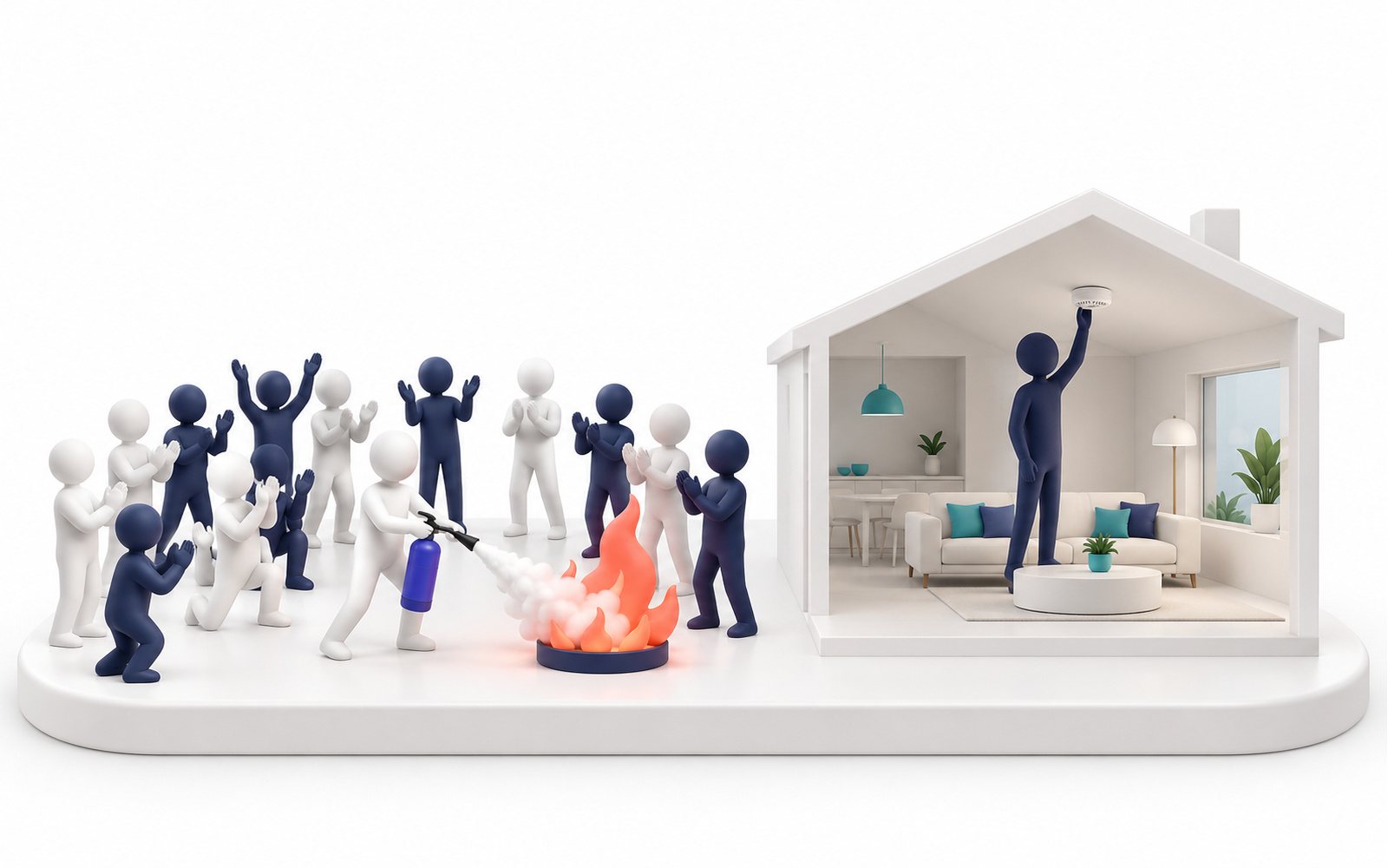 Une foule acclame une figurine qui éteint un feu, tandis que dans la maison voisine une autre installe un détecteur sans témoin.