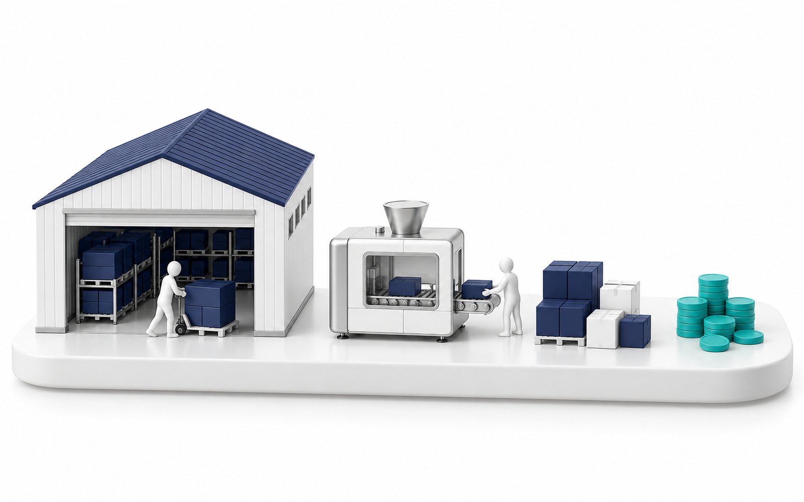 Un plateau rangé comme un inventaire : entrepôt, machine, cartons et pièces, du plus grand au plus petit.