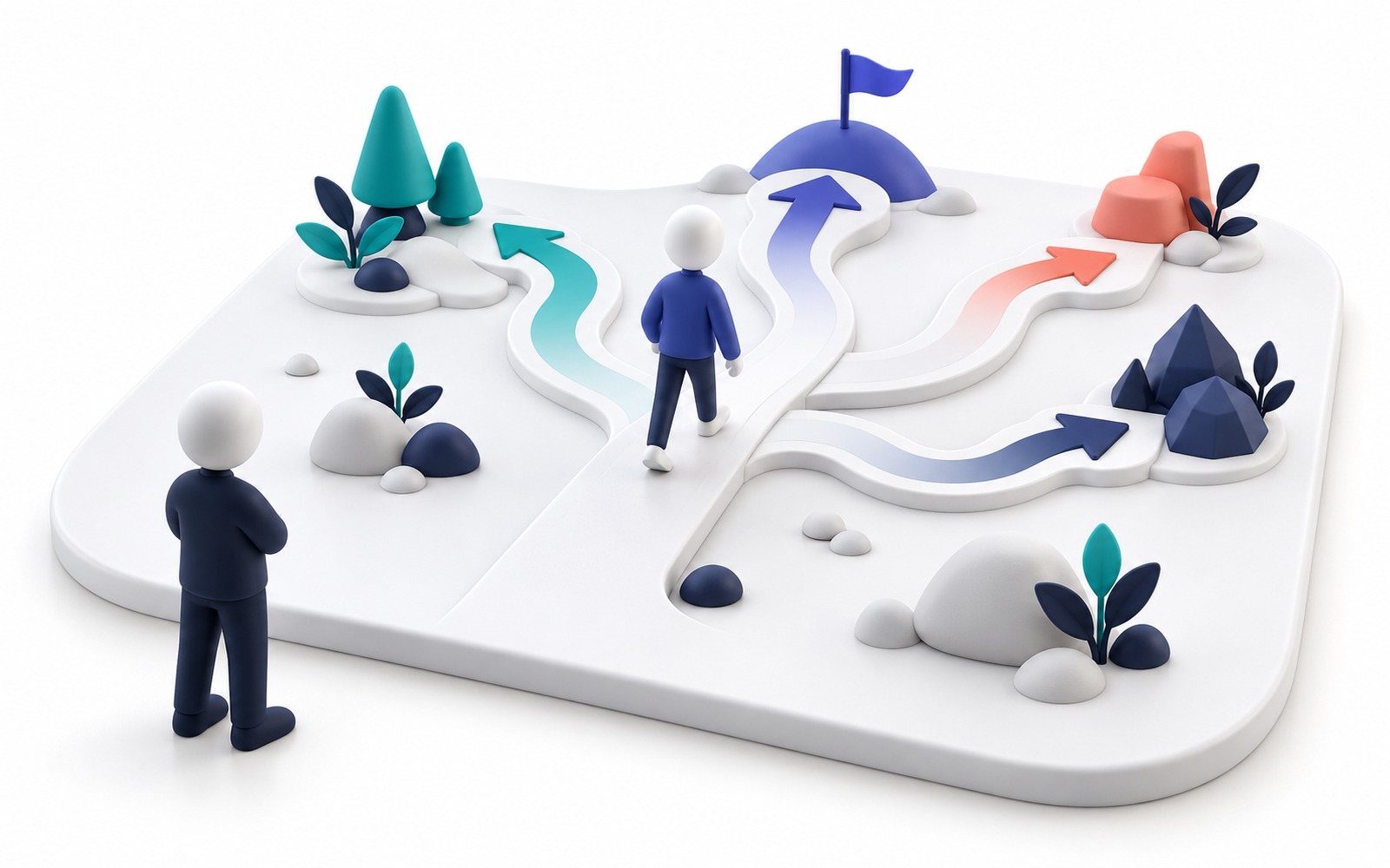Une figurine choisit son chemin parmi plusieurs sentiers ; une autre l’observe de loin.