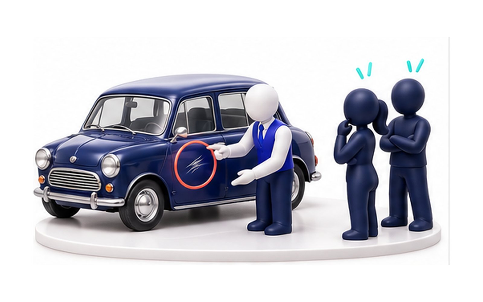 Un vendeur montre honnêtement la seule rayure d’une petite voiture ancienne à des clients confiants.
