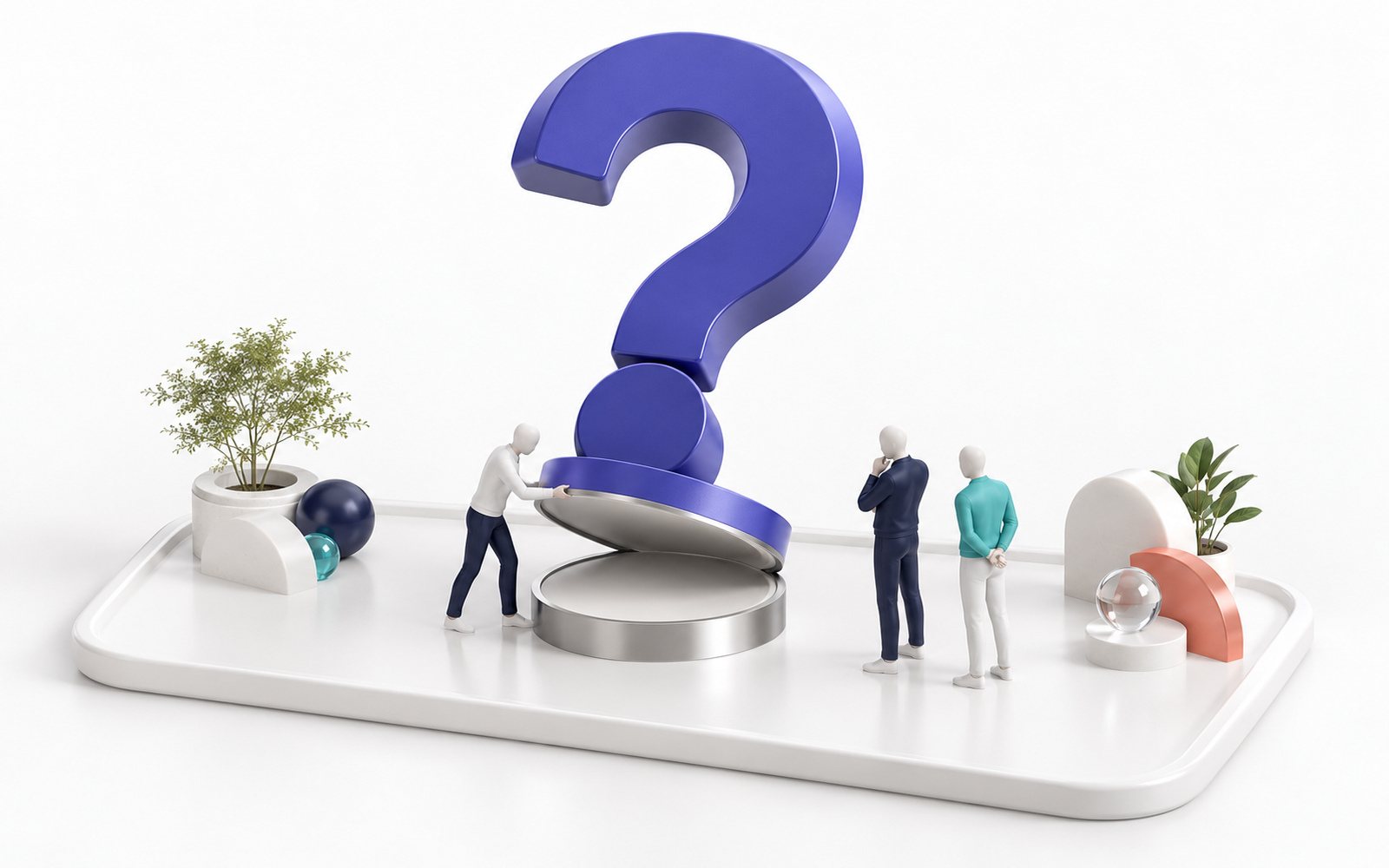 Une figurine soulève un grand point d’interrogation indigo et découvre un socle vide ; deux autres observent.