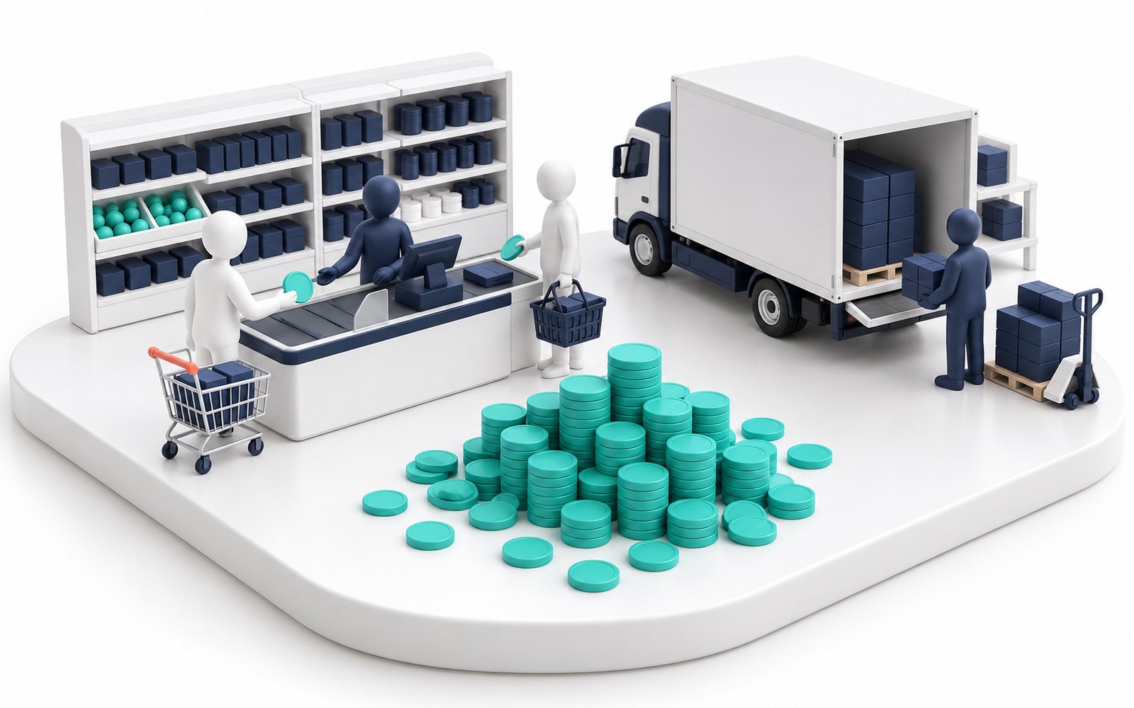 Une caisse de supermarché où les clients paient tout de suite pendant qu’un camion fournisseur attend ; des pièces s’accumulent.