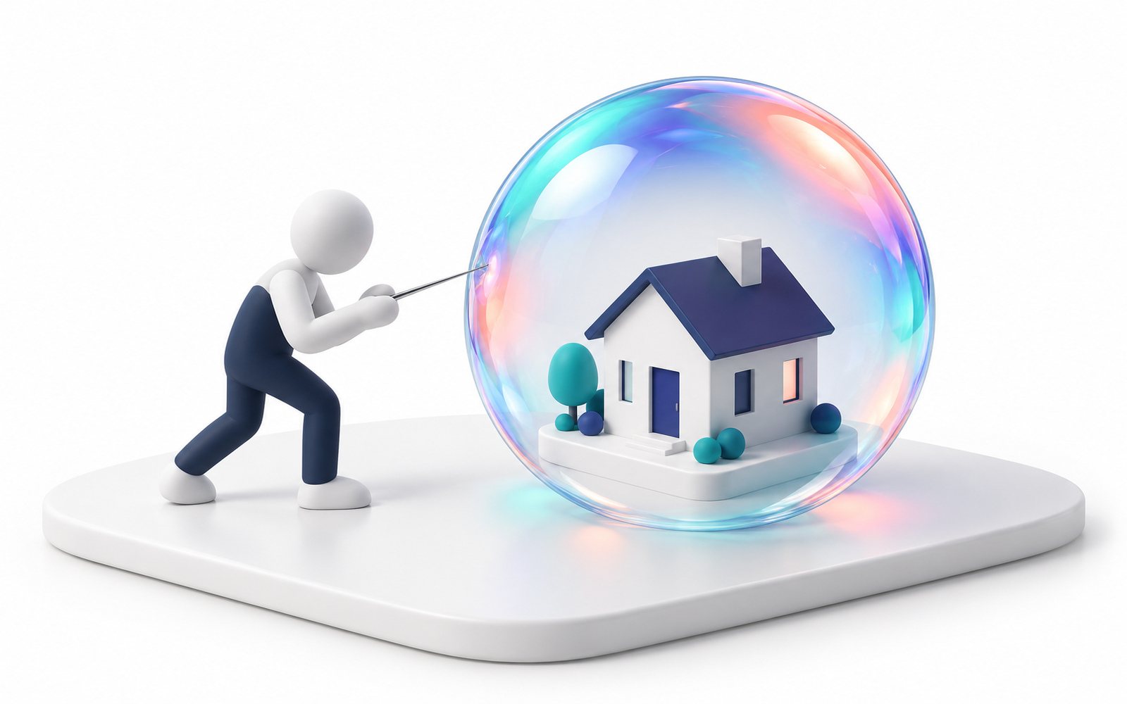 Une maison miniature dans une énorme bulle de savon ; une figurine approche une aiguille.