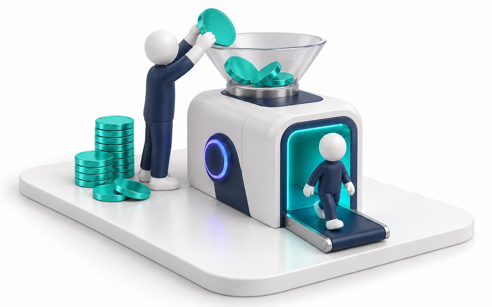 Une figurine verse des pièces dans une machine qui fait sortir une nouvelle figurine cliente.