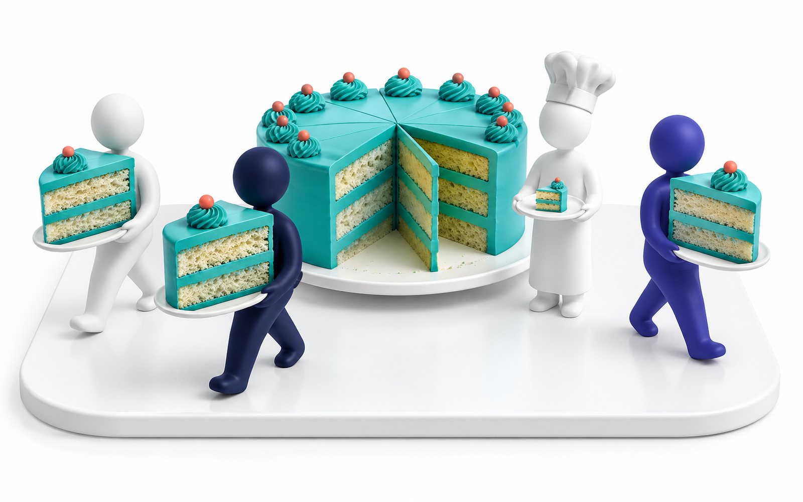 Des clients emportent de grosses parts d’un gâteau turquoise ; le pâtissier n’en garde qu’une petite.