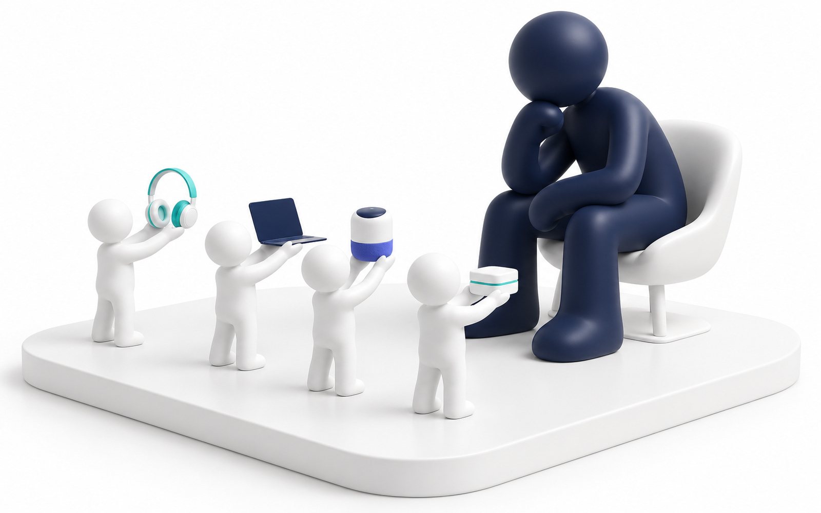 Une énorme figurine acheteuse, assise, face à de petites figurines vendeuses qui lui tendent leurs produits.
