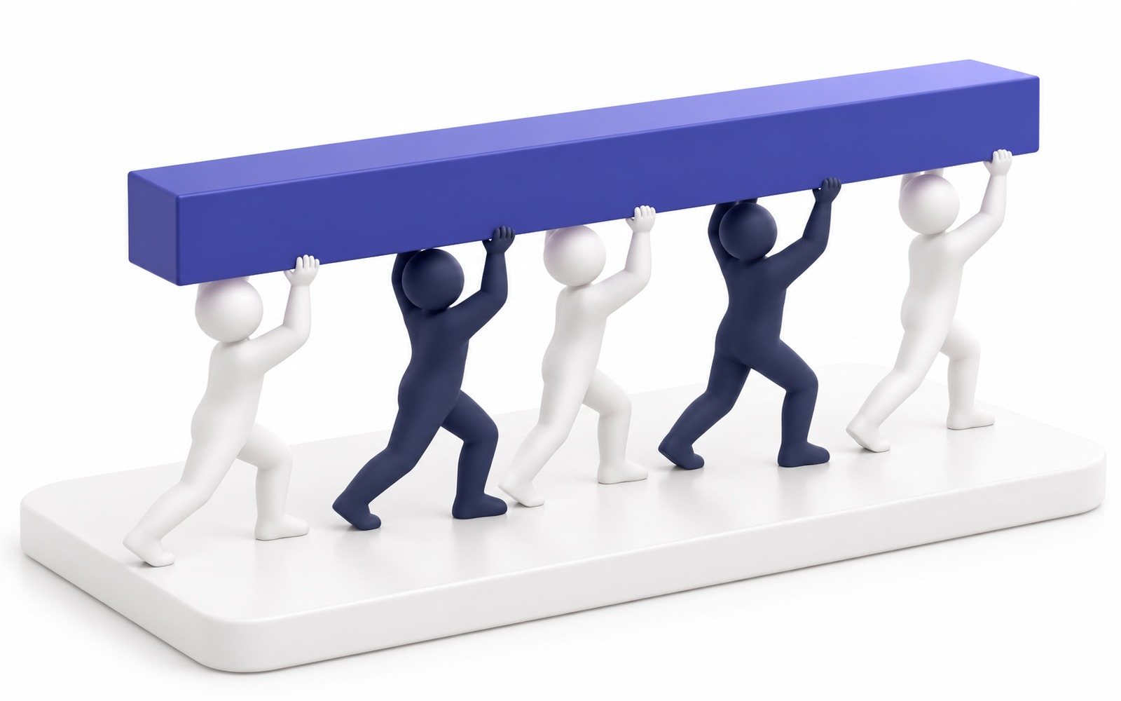 Un groupe de figurines soulève ensemble une grande poutre indigo.