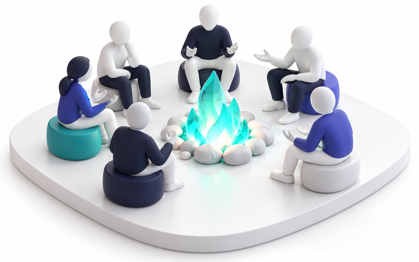 Des figurines assises en cercle autour d’un feu de camp turquoise.