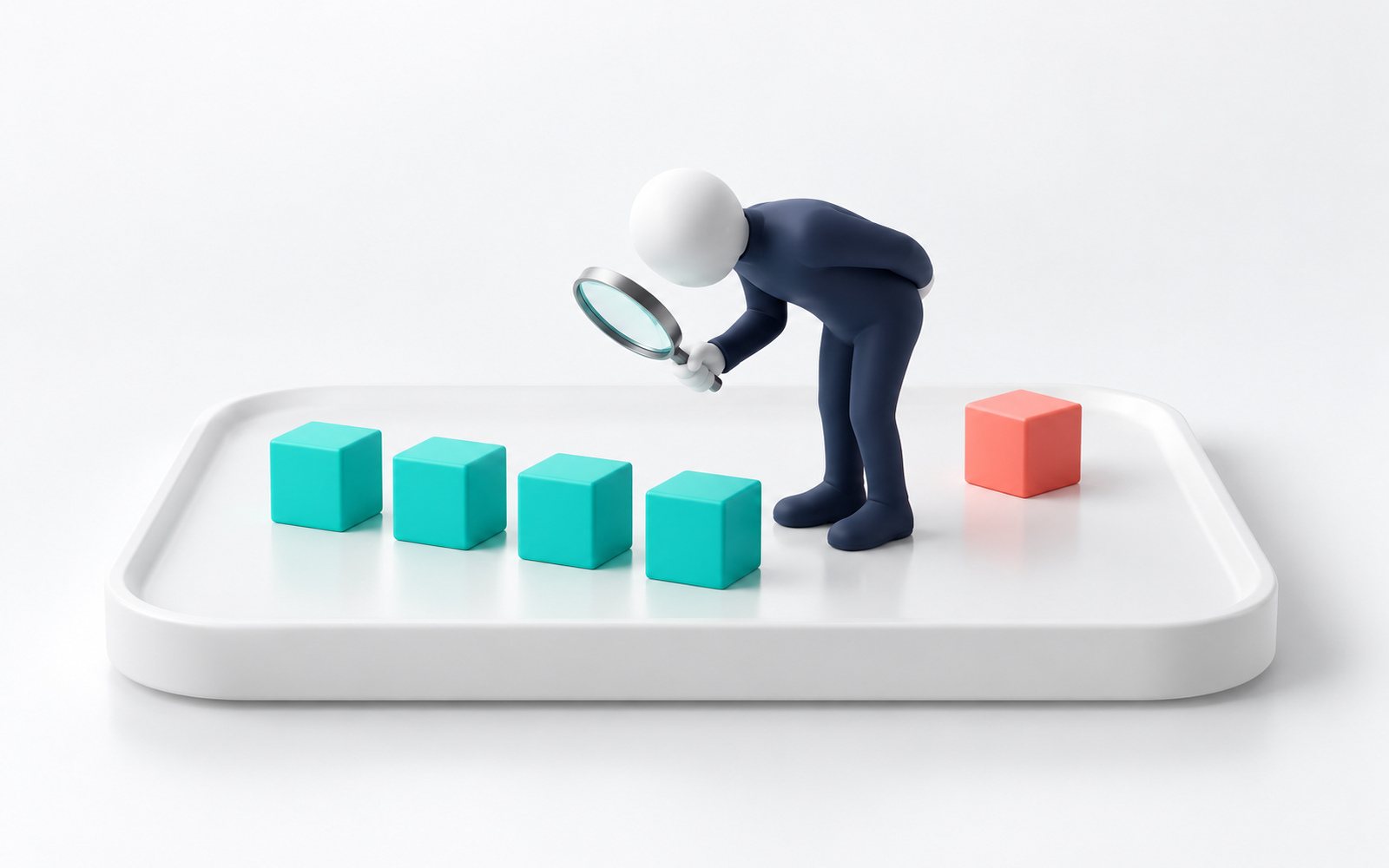 Une figurine à la loupe n’examine que des cubes turquoise alignés ; un cube corail différent reste ignoré derrière elle.