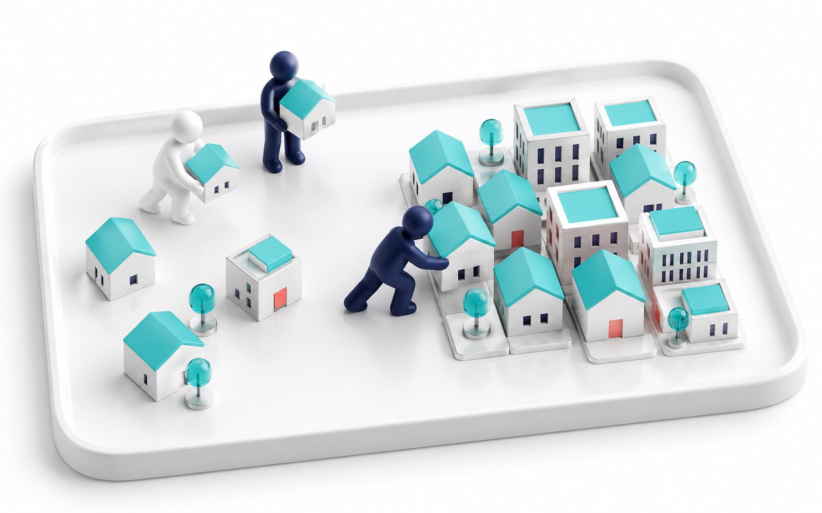 Des figurines regroupent de petites maisons éparses en un ensemble compact.