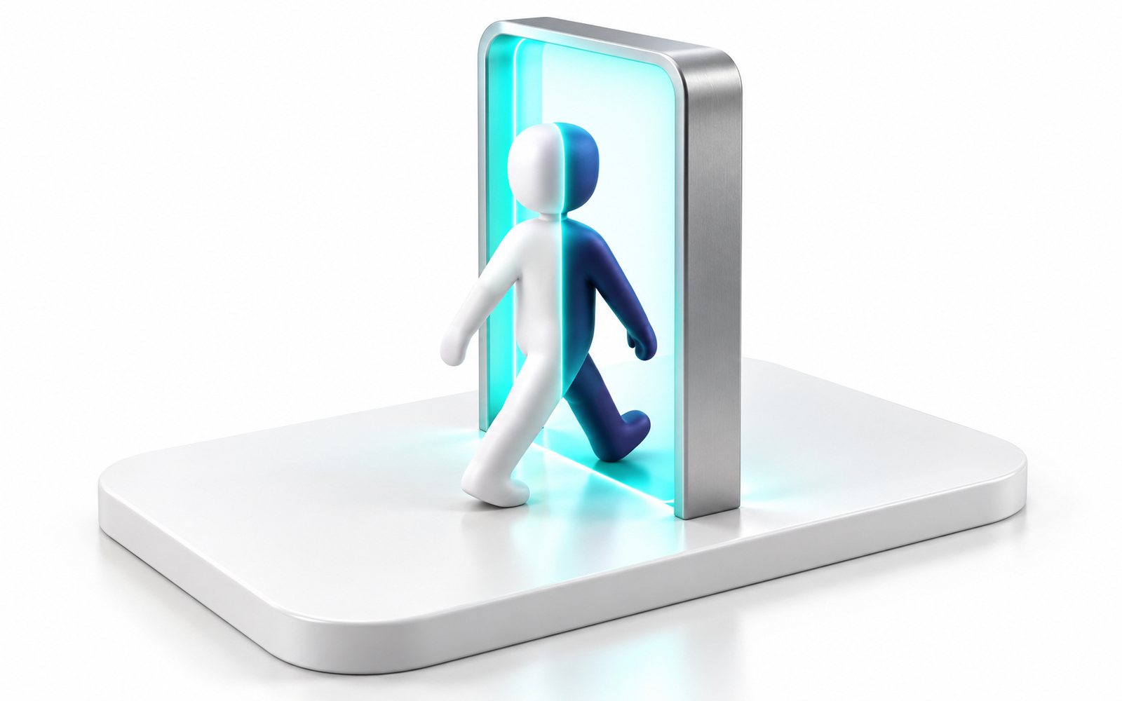 Une figurine franchit un portique lumineux turquoise.