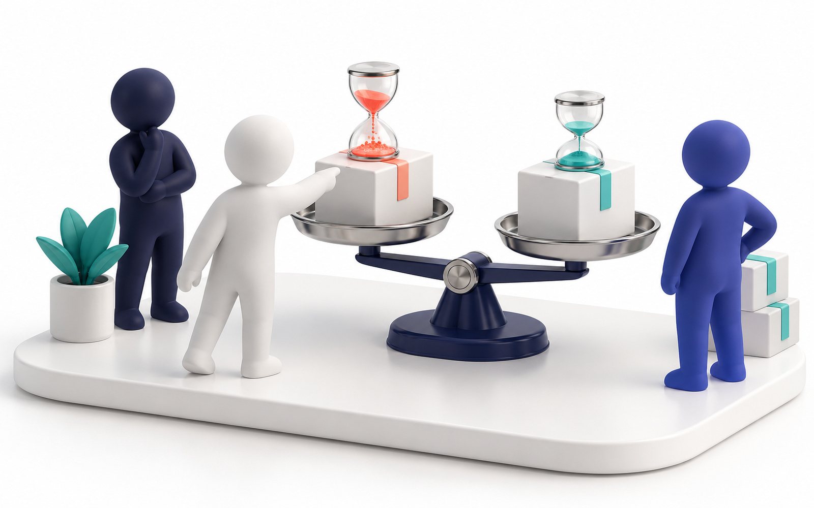 Deux colis sur une balance, l’un avec un sablier qui s’écoule vite ; une figurine le choisit.