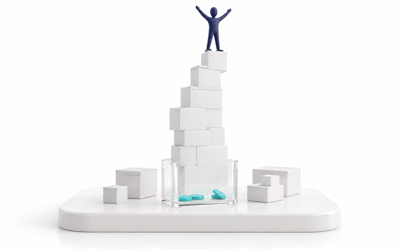 Une figurine au sommet d’une tour de cartons qui grandit vite, au-dessus d’un réservoir de pièces presque vide.