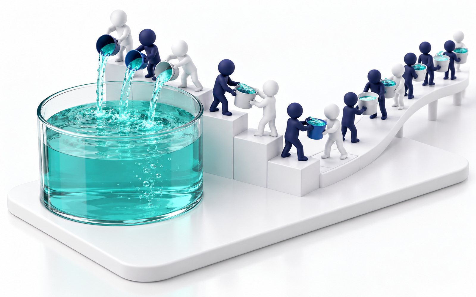 Une file de figurines verse des seaux d’eau turquoise dans un grand réservoir de verre.