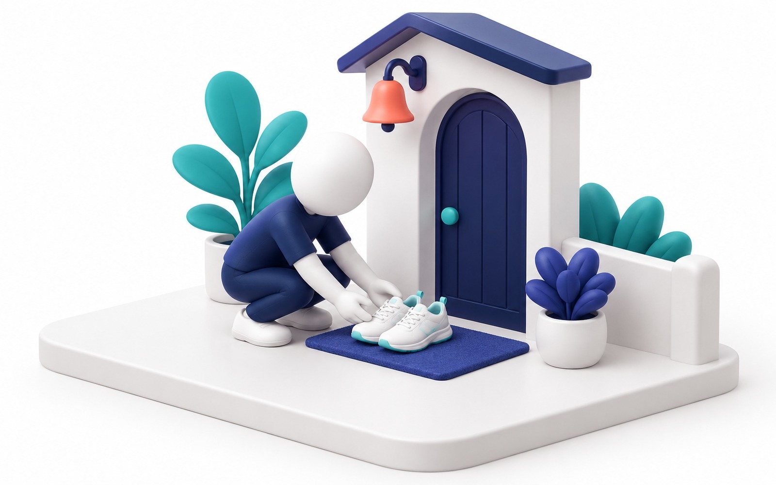 Une figurine pose ses chaussures de course devant la porte, sous une petite cloche.