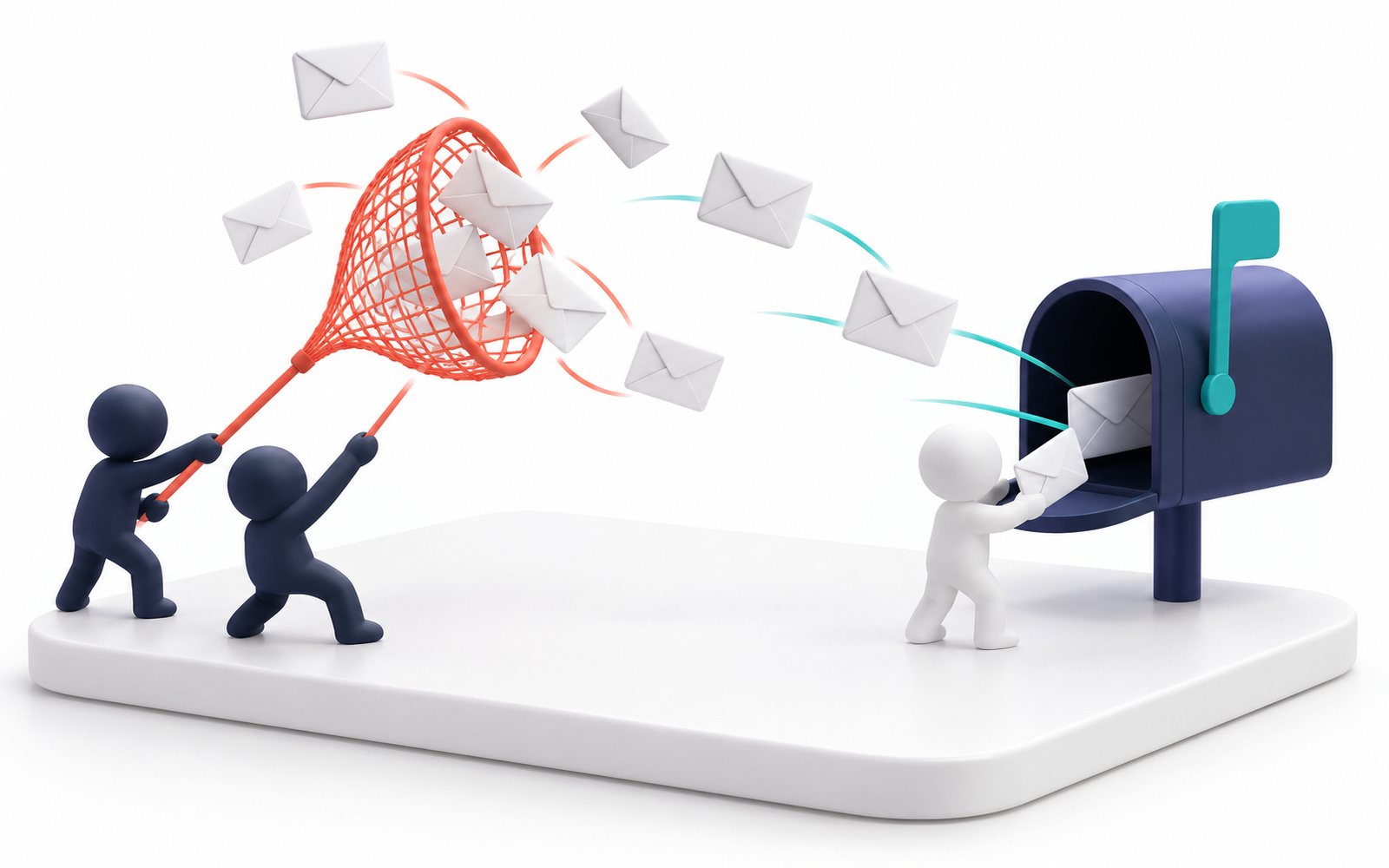 Des enveloppes volent vers une boîte aux lettres ; certaines sont arrêtées par un filet corail.