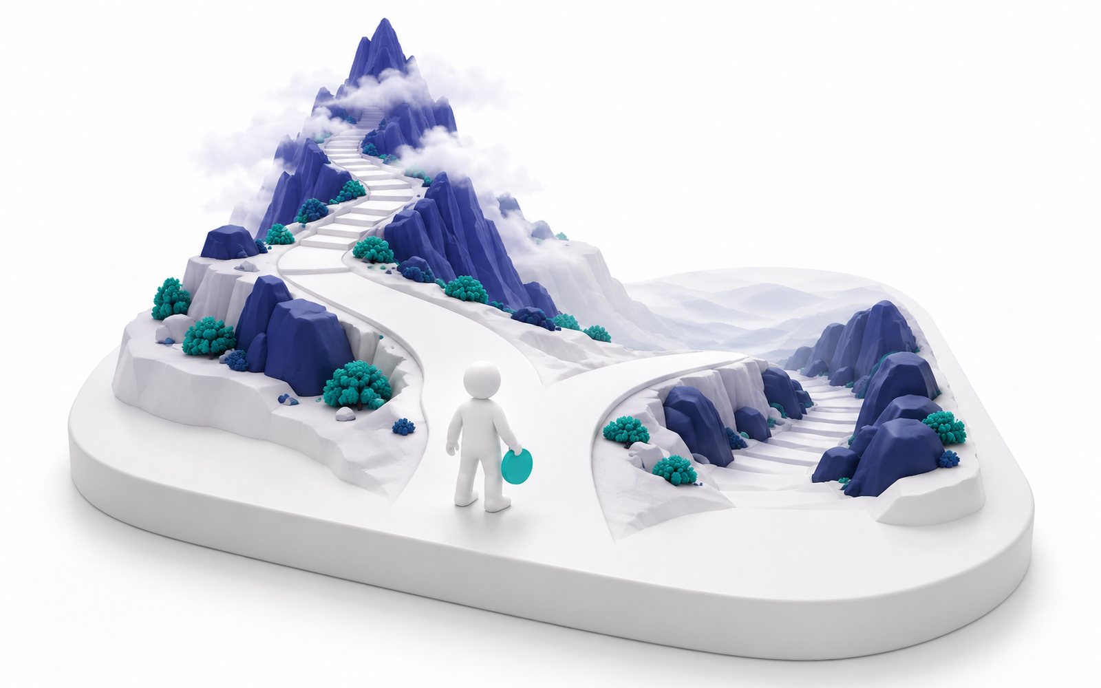 Une figurine devant une bifurcation : un chemin monte vers un sommet brumeux, l’autre redescend.