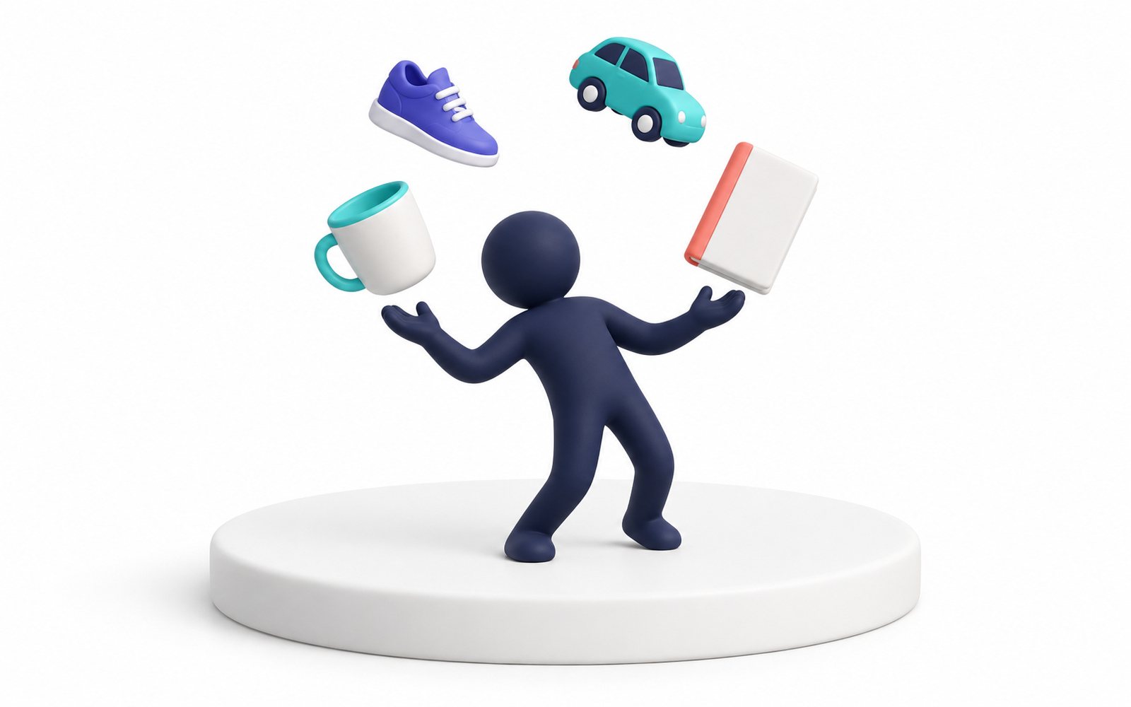 Une figurine jongle avec une basket, une tasse, une voiture et un livre.