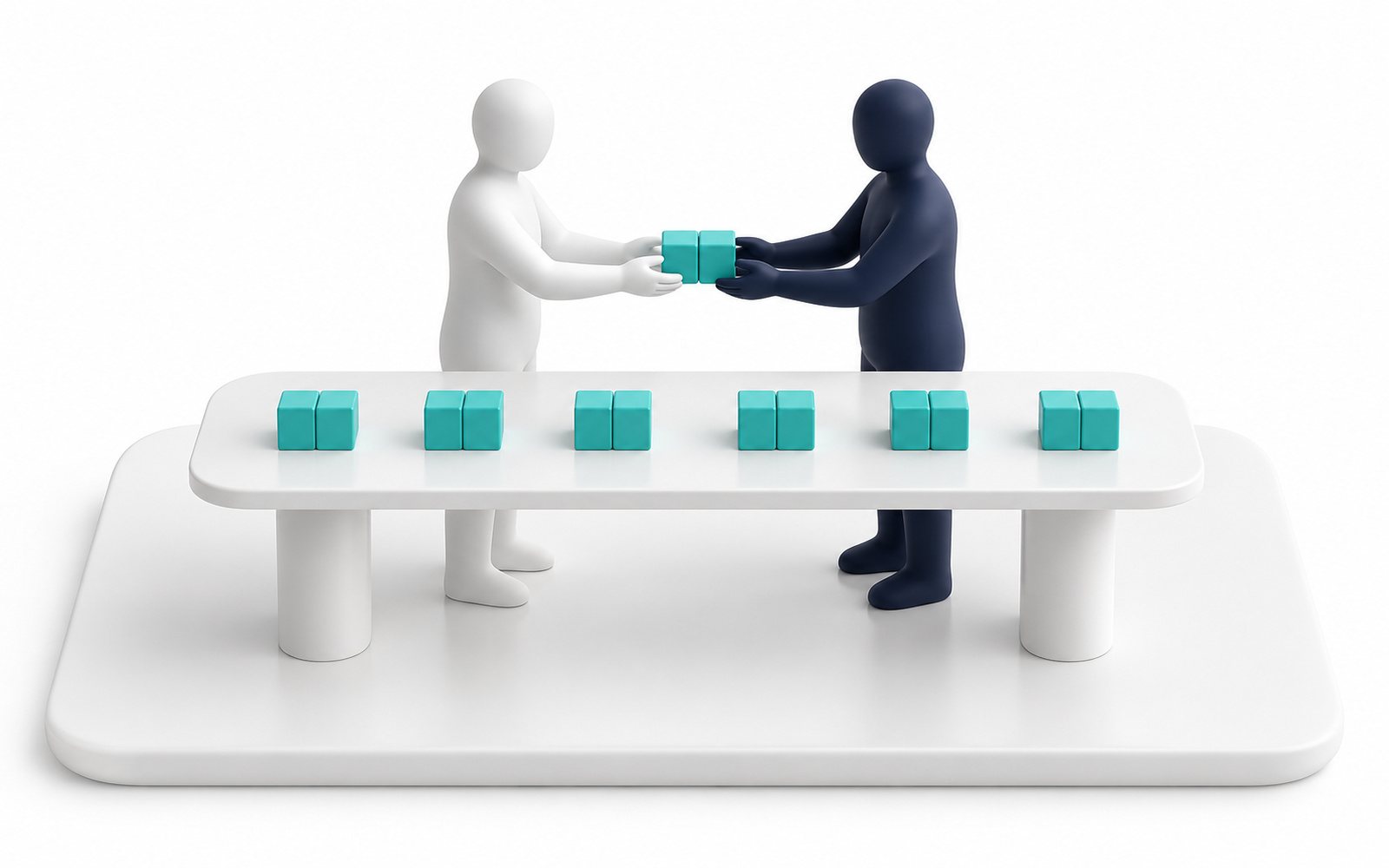 Deux figurines échangent des blocs turquoise le long d’une table, un échange après l’autre.