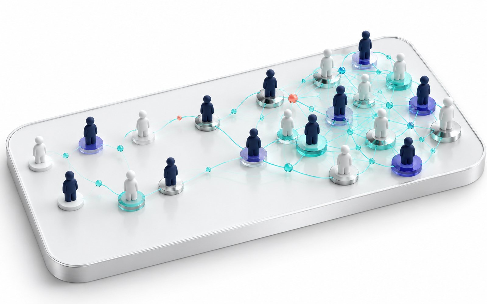 Un réseau de figurines reliées par des fils turquoise lumineux.
