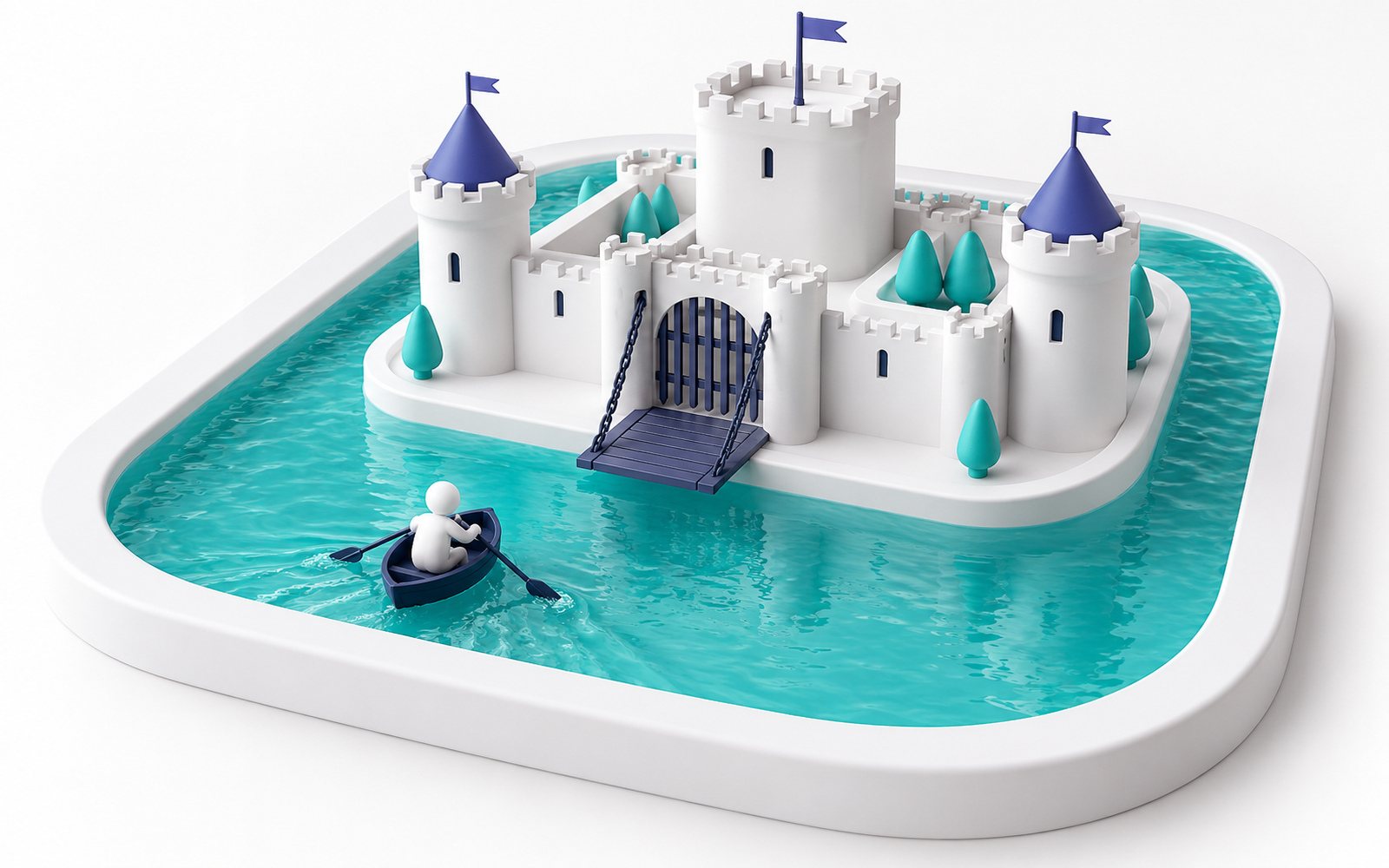 Un château entouré d’une douve turquoise ; une petite figurine tente de traverser en barque.