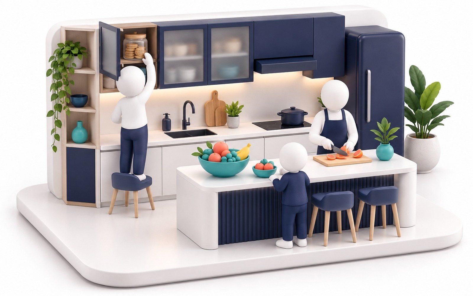 Une cuisine où les fruits sont à portée de main et les biscuits rangés tout en haut.