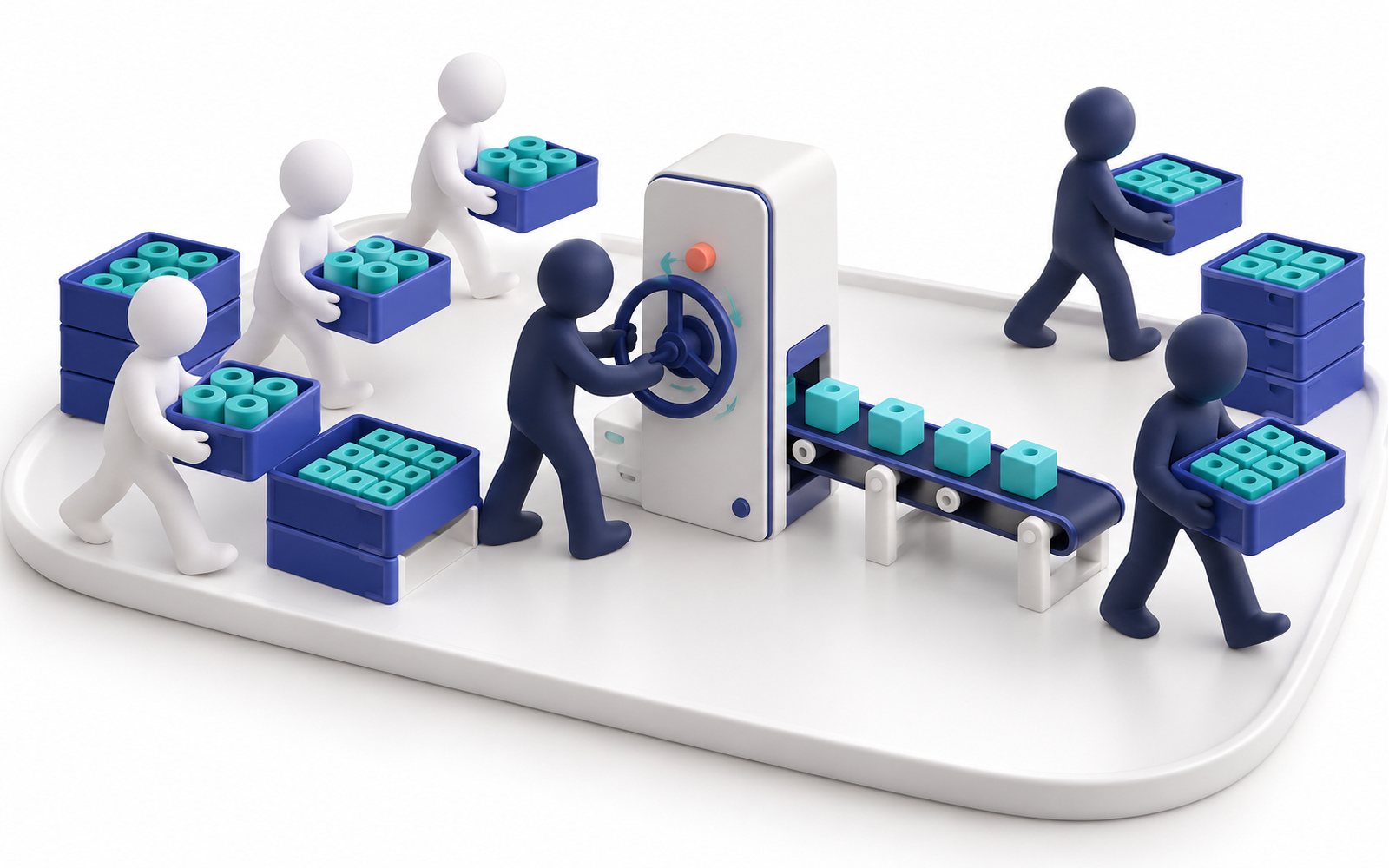 Des figurines approvisionnent sans pause une machine que l’on fait tourner en continu.