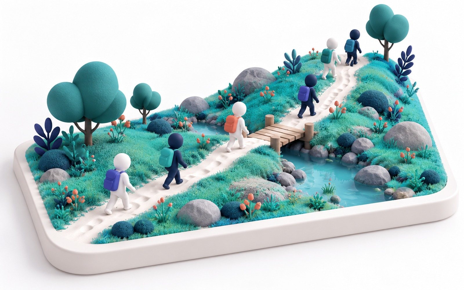 Un sentier tracé dans une prairie par le passage répété de figurines.