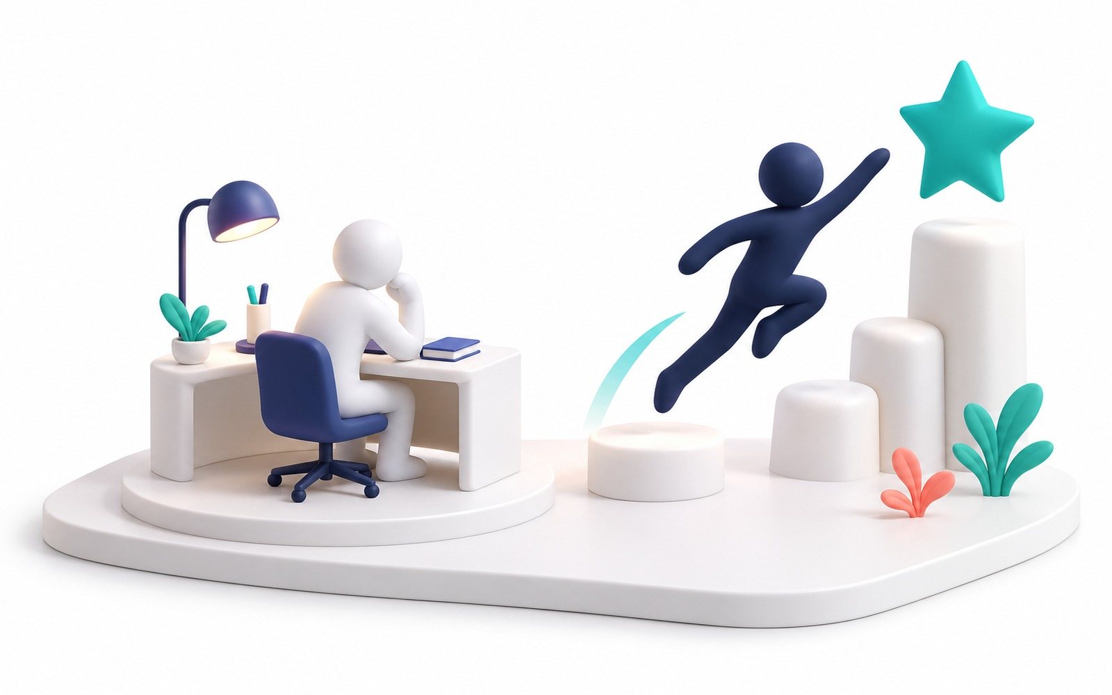 Une figurine installée à un bureau confortable regarde ailleurs ; à côté, une autre s’élance vers une étoile turquoise.