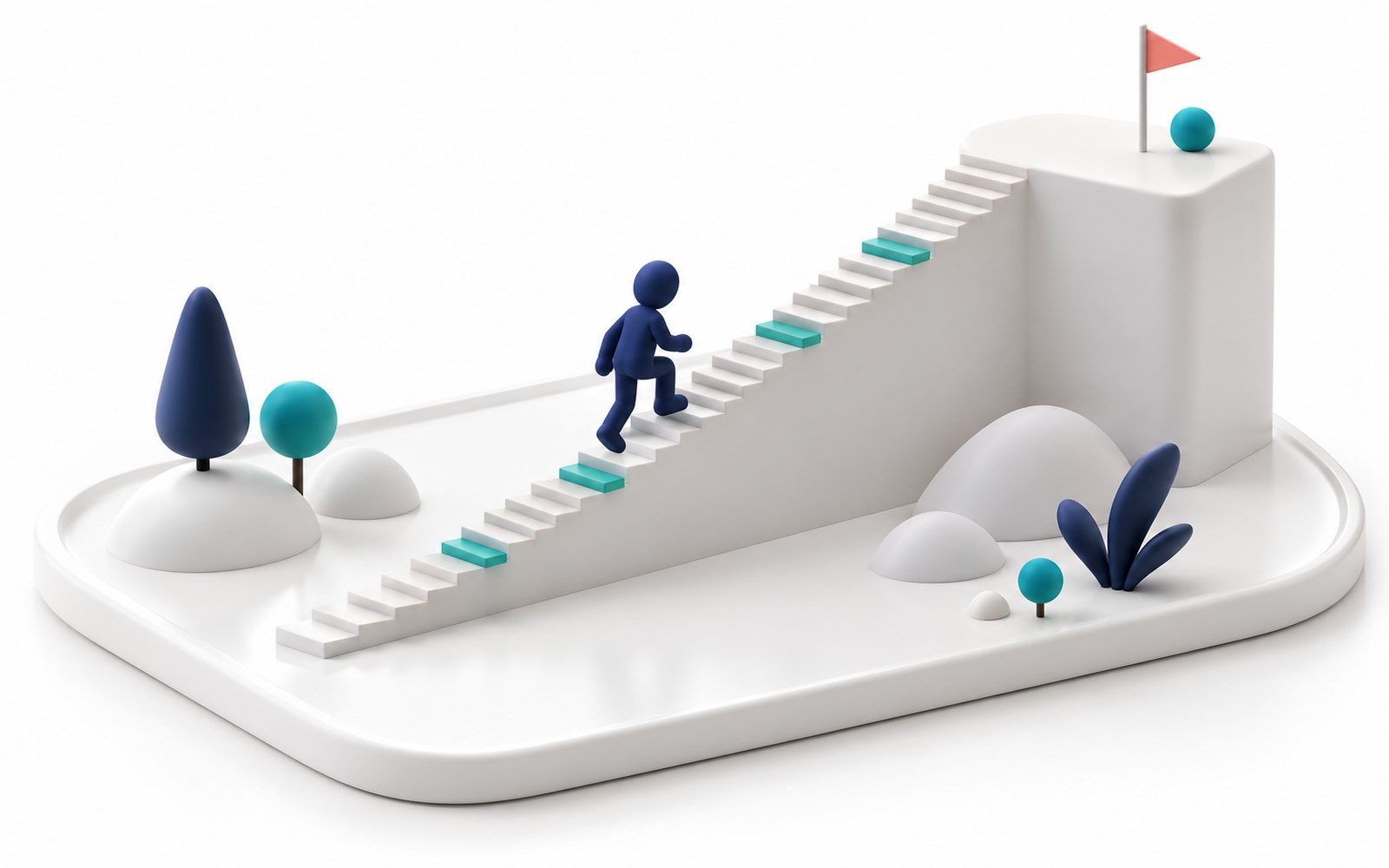 Une figurine gravit un escalier de toutes petites marches jusqu’à un plateau élevé.
