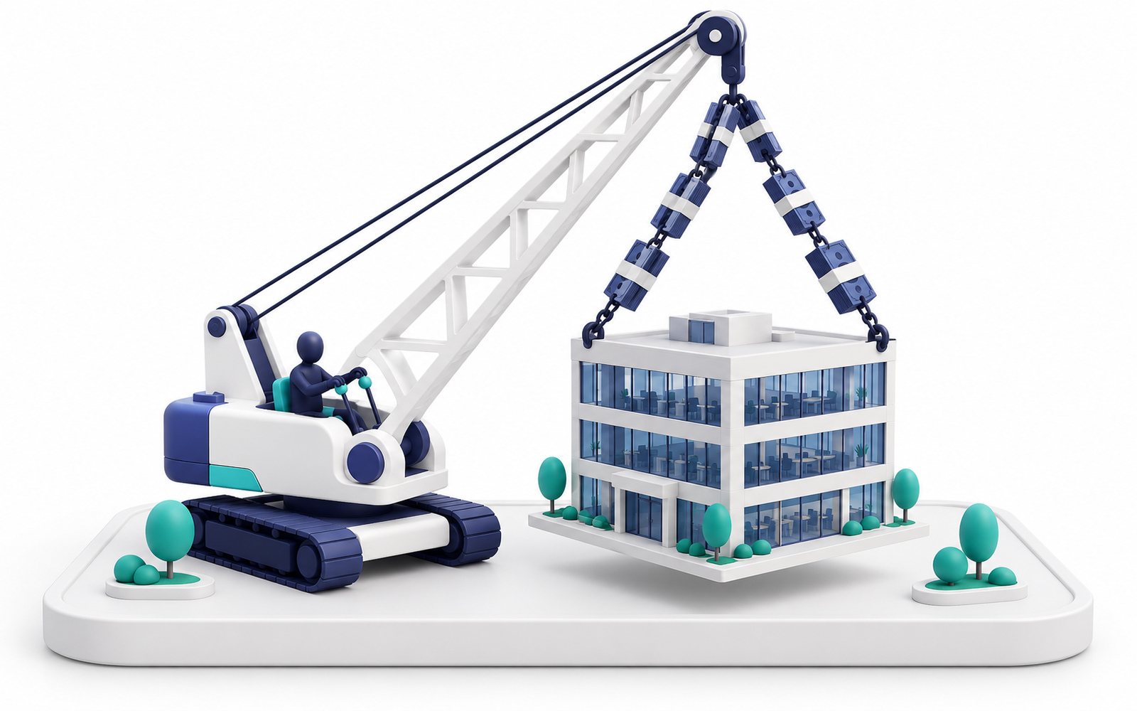 Une grue soulève un immeuble de bureaux suspendu à une chaîne de liasses de billets.