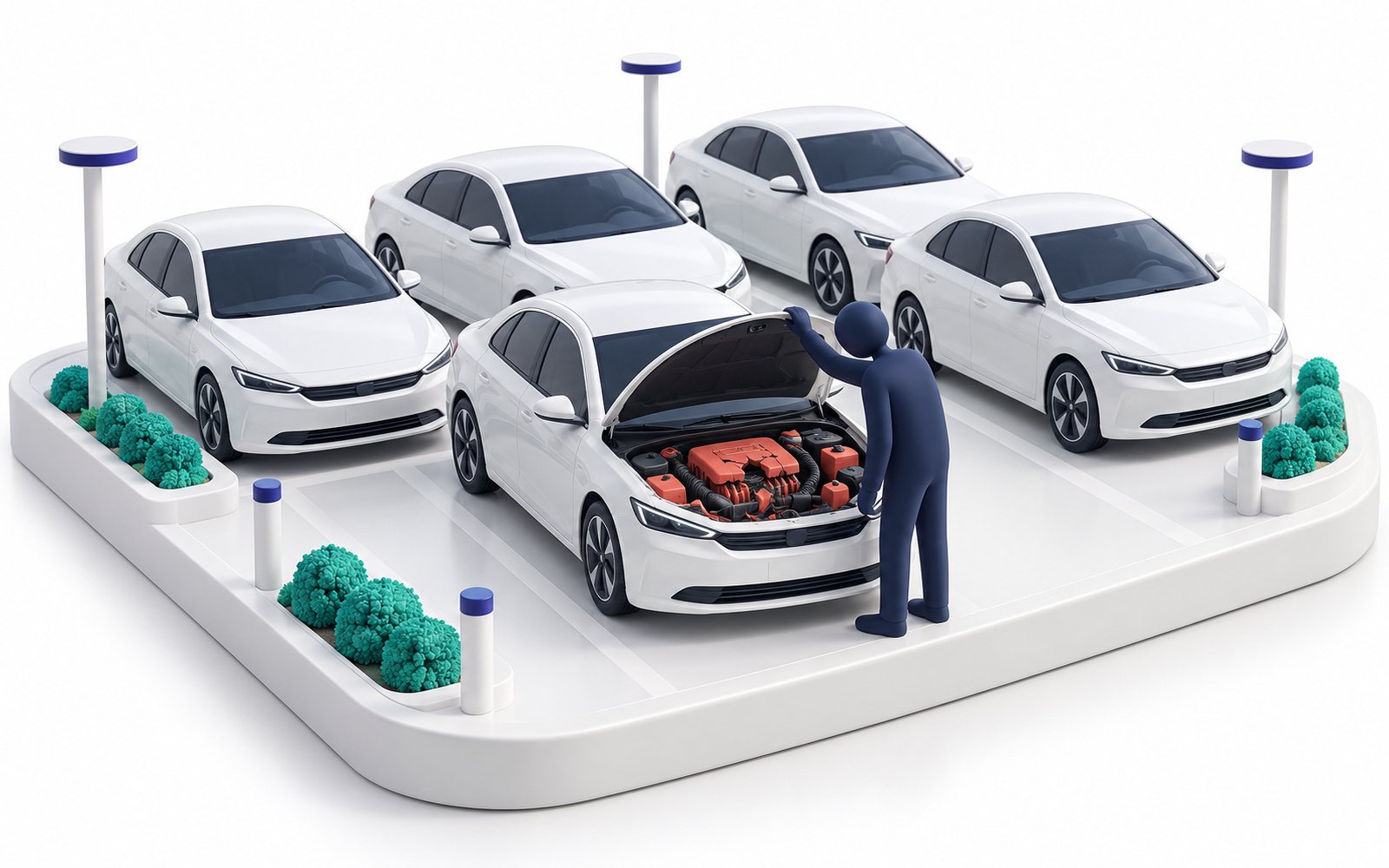 Un parking de voitures d’occasion identiques ; une figurine soulève un capot et découvre un moteur abîmé.
