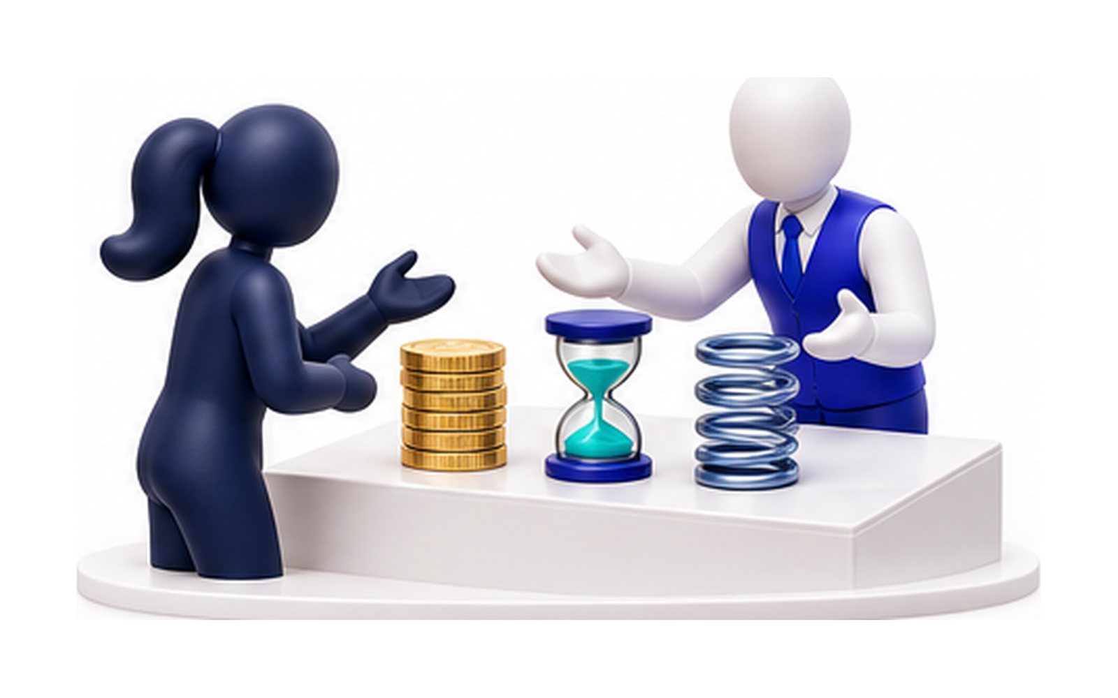 Pièces, sablier et ressort posés sur un comptoir entre deux figurines.
