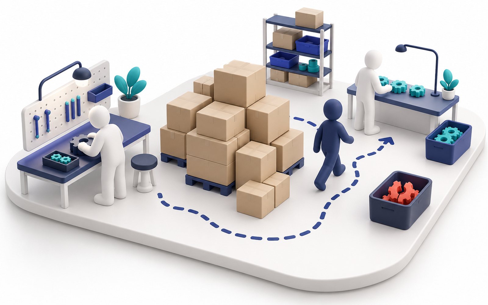 Un atelier encombré de cartons inutiles, un détour en pointillés et une pièce défectueuse mise de côté.