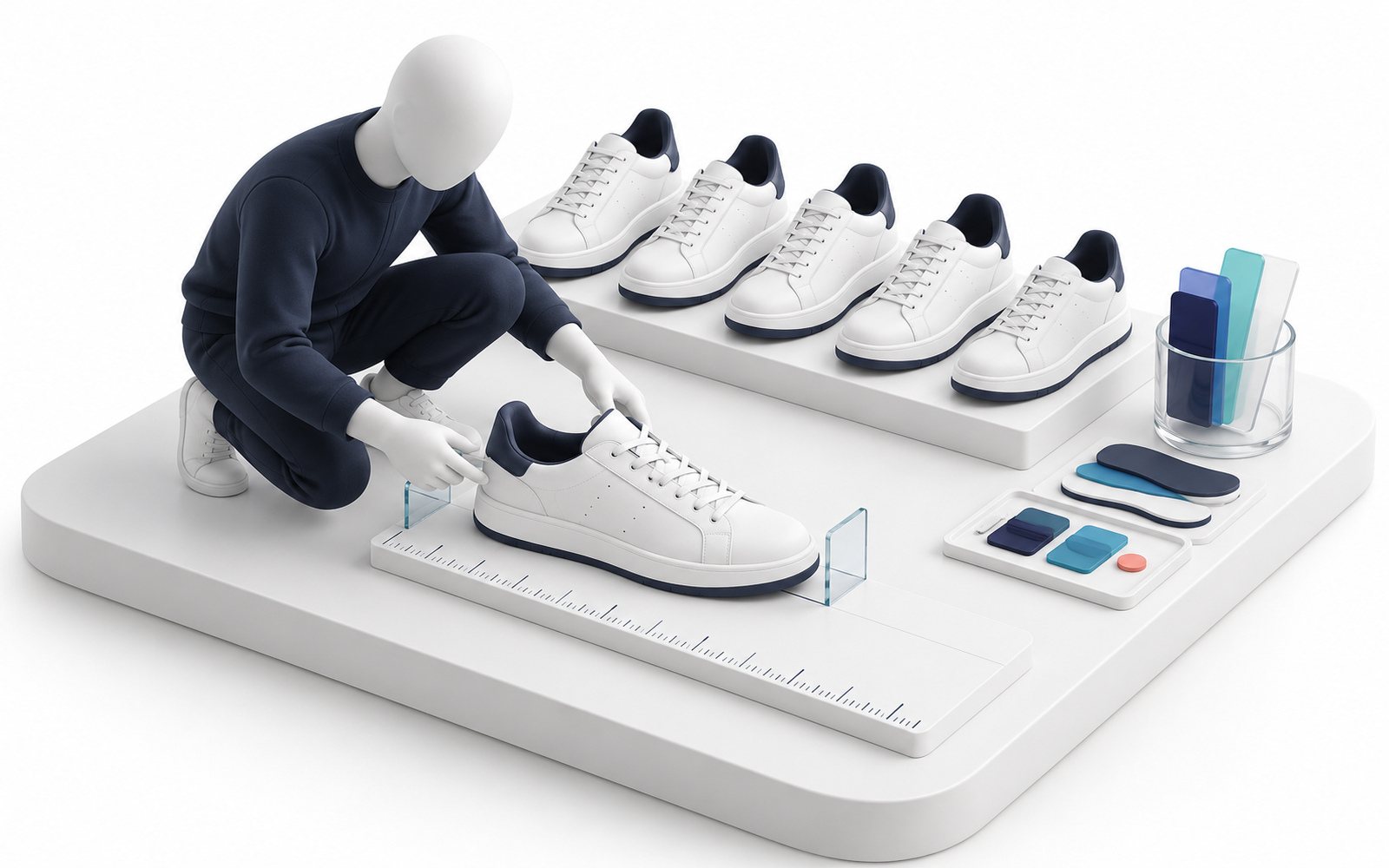 Une figurine mesure une basket sur une règle, à côté d’une rangée de baskets de référence.