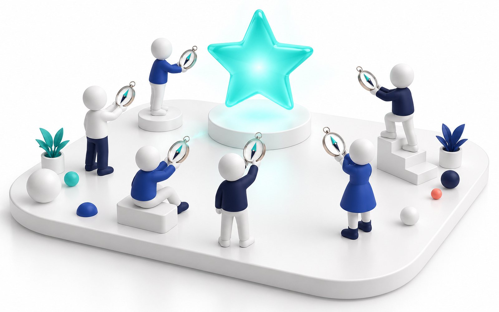 Une étoile turquoise lumineuse vers laquelle des figurines orientent leurs boussoles.
