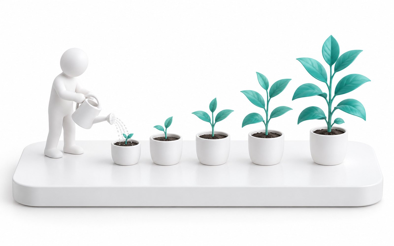 Une figurine arrose des pousses à différents stades de croissance.