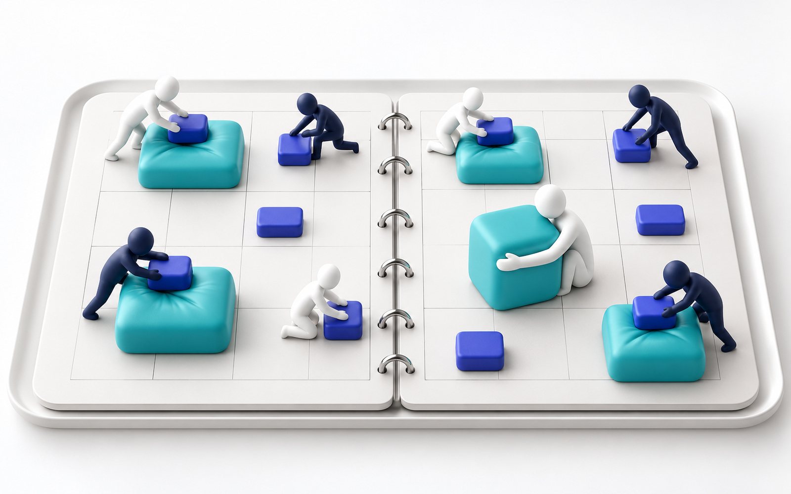 Un agenda posé à plat : des figurines y posent des blocs indigo à côté de grands coussins turquoise qu’une figurine protège.