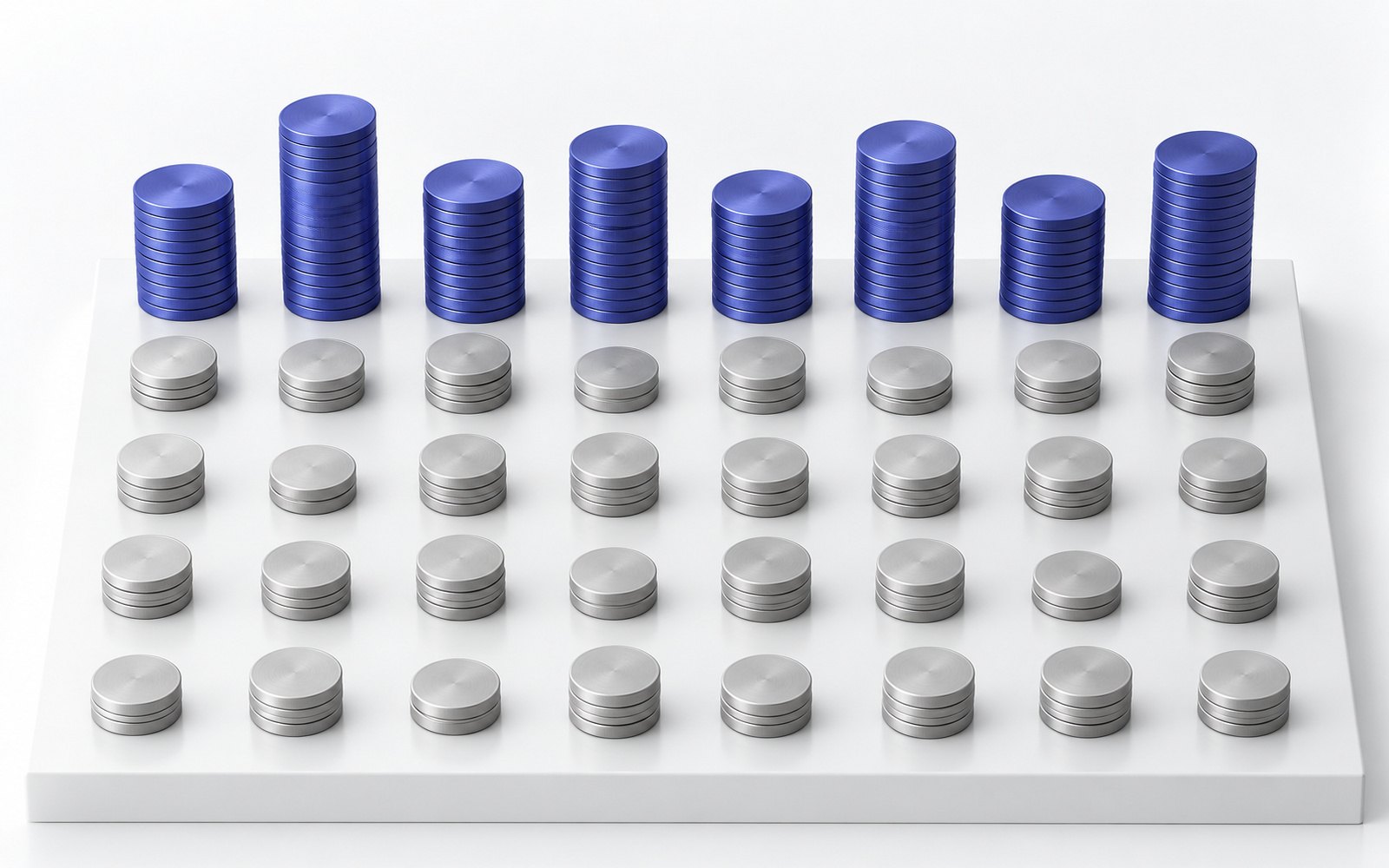 Quarante piles de pièces : huit hautes piles indigo, trente-deux petites piles grises.