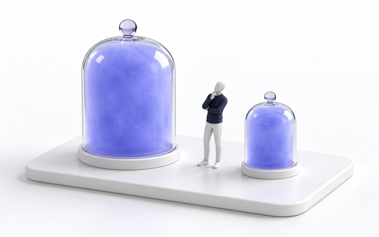 Le même gaz indigo remplit entièrement une grande cloche de verre et une petite ; une figurine compare.