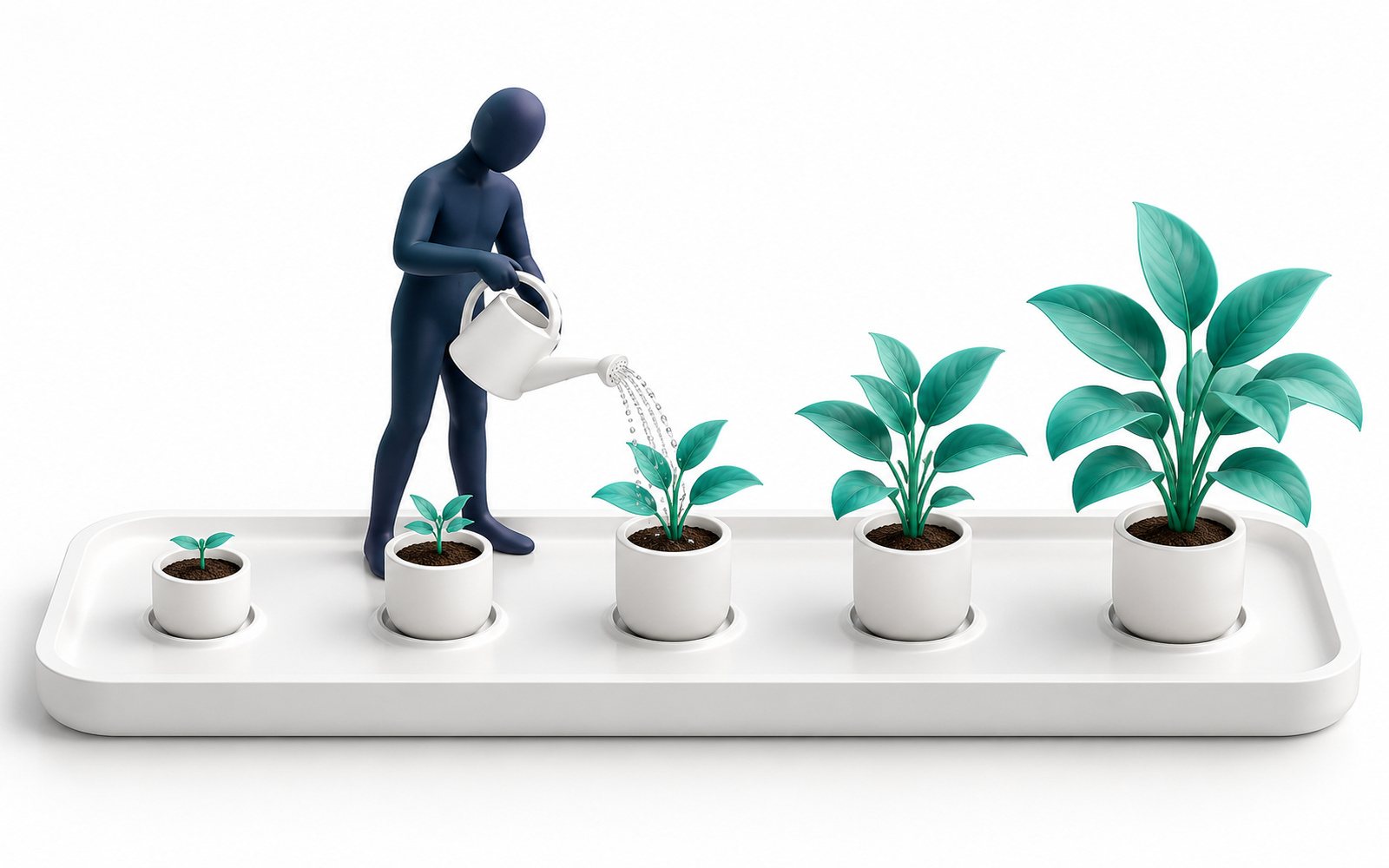 Une figurine arrose une rangée de plantes qui grandissent de gauche à droite.