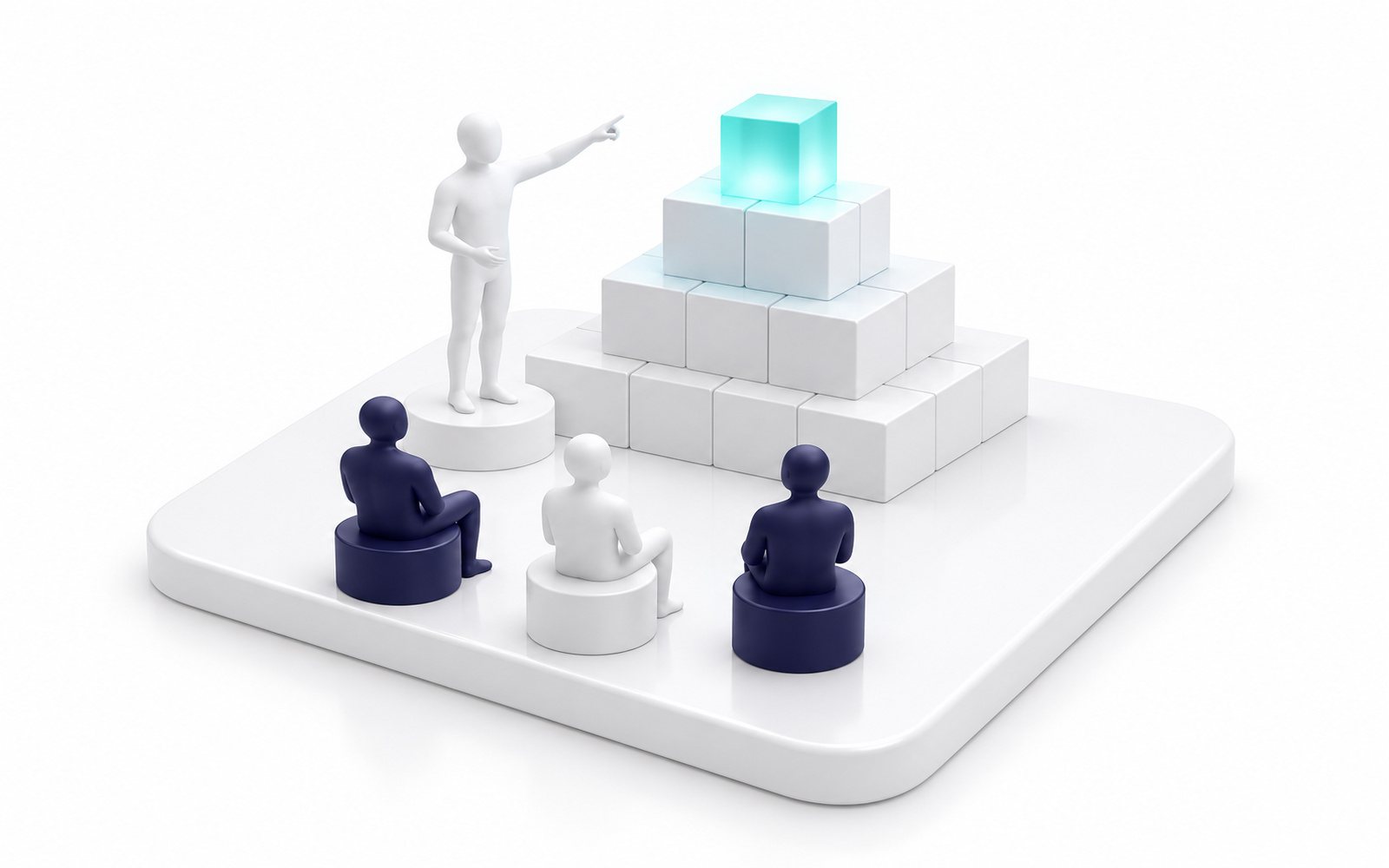 Une pyramide de blocs blancs couronnée d’un bloc turquoise lumineux ; une figurine désigne le sommet à trois autres assises.