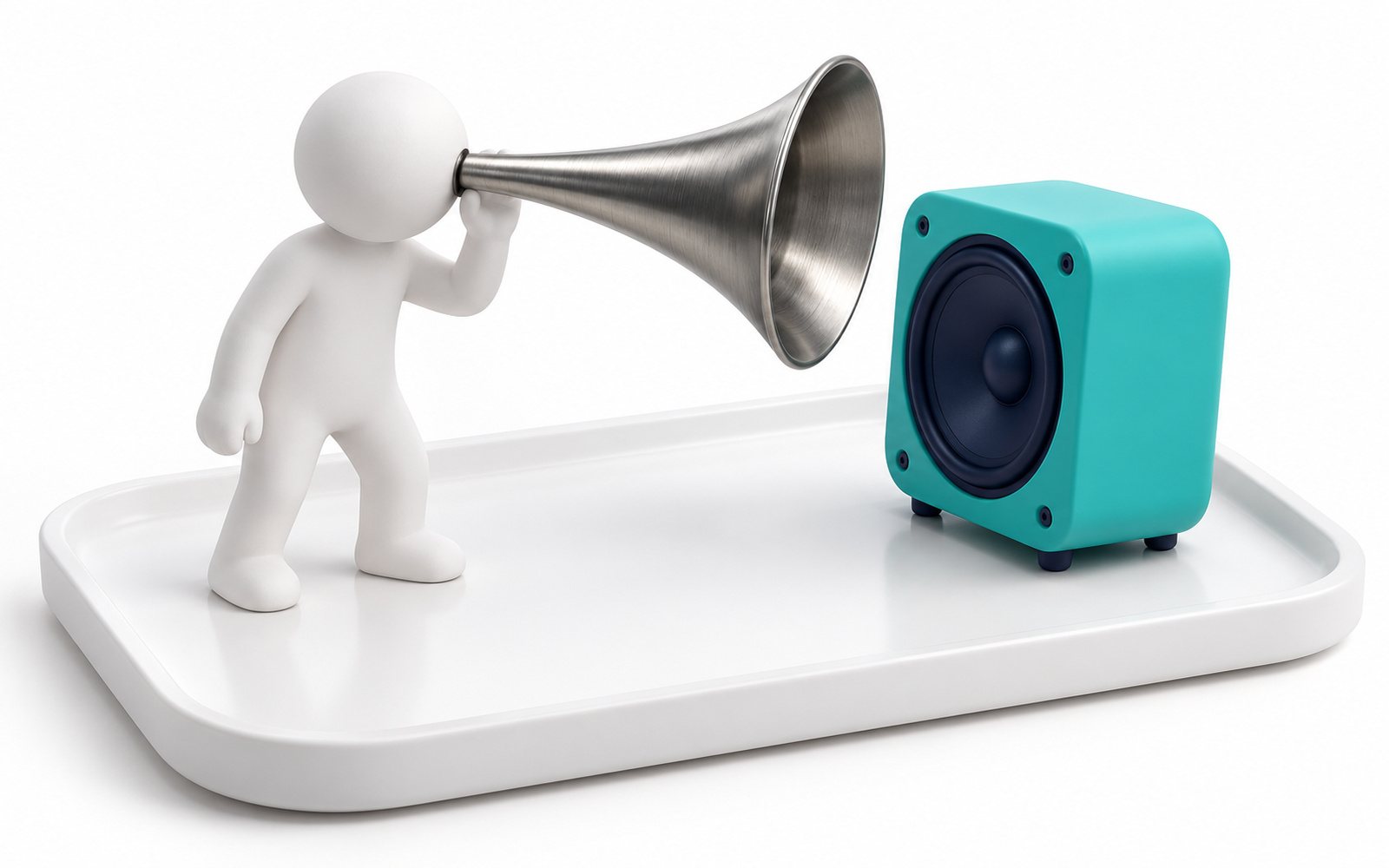 Une figurine écoute un haut-parleur turquoise à travers un grand cornet.