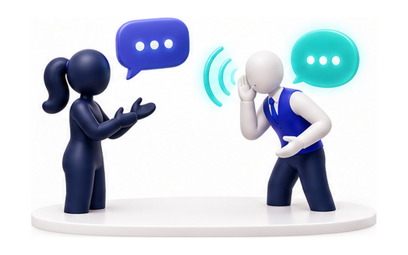 Un vendeur écoute, la main à l’oreille, et renvoie la même bulle que celle de la cliente.
