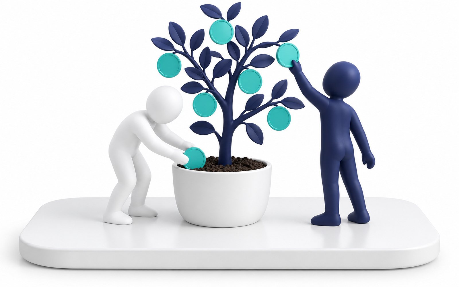 Une figurine plante une pièce dans un pot d’où pousse un arbre à pièces ; une autre cueille.