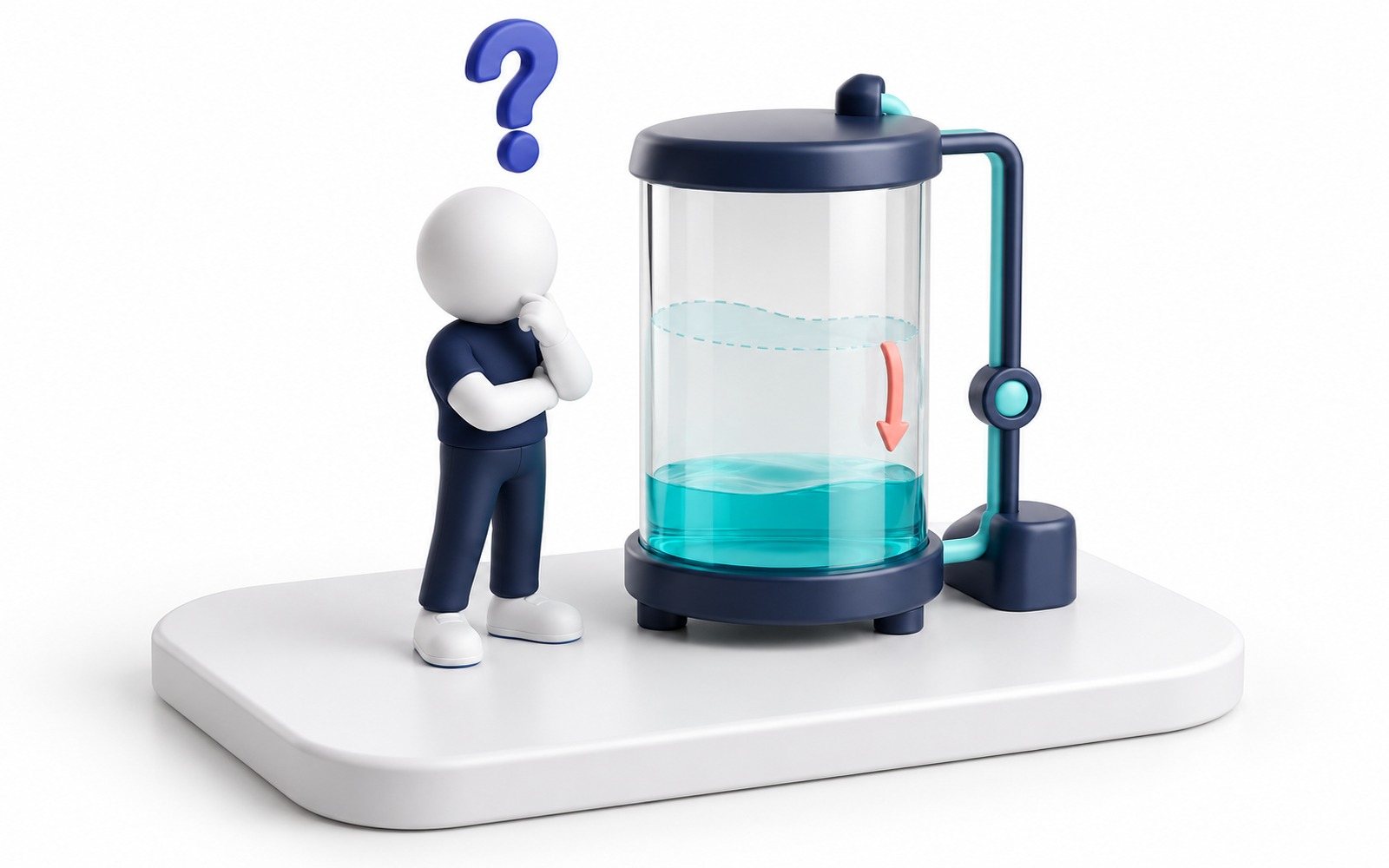 Une figurine perplexe devant un réservoir turquoise dont le niveau baisse.