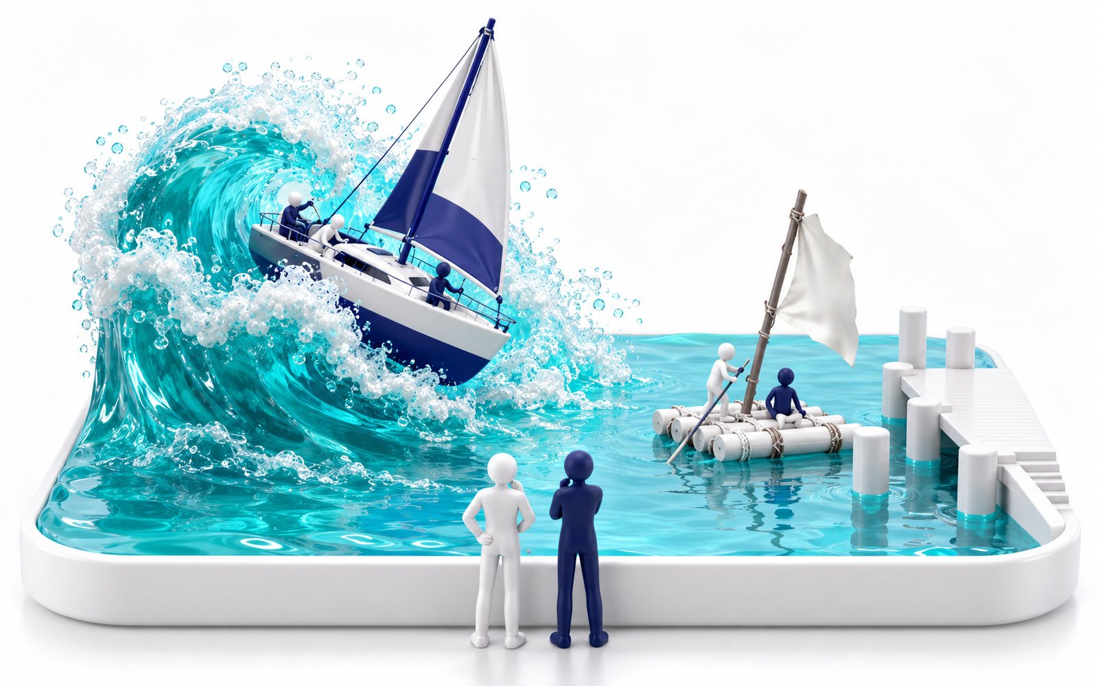 Deux bateaux miniatures : l’un bien préparé est pris dans une vague, l’autre, bricolé, flotte dans une eau calme.