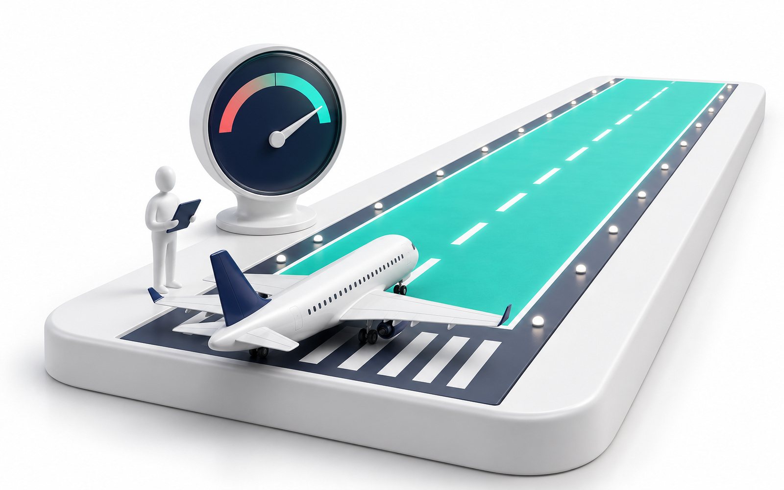 Une piste d’aviation miniature, un avion au départ, la piste restante en turquoise et une jauge de carburant.
