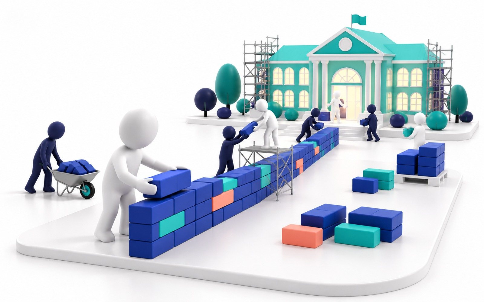Des figurines posent des briques ; au loin, une école turquoise en construction.
