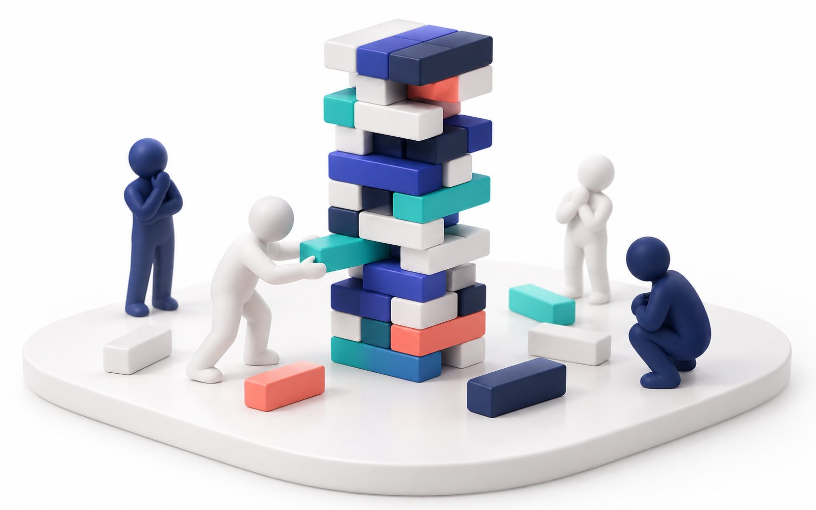 Des figurines retirent des blocs d’une tour fragile pour voir si elle tient.